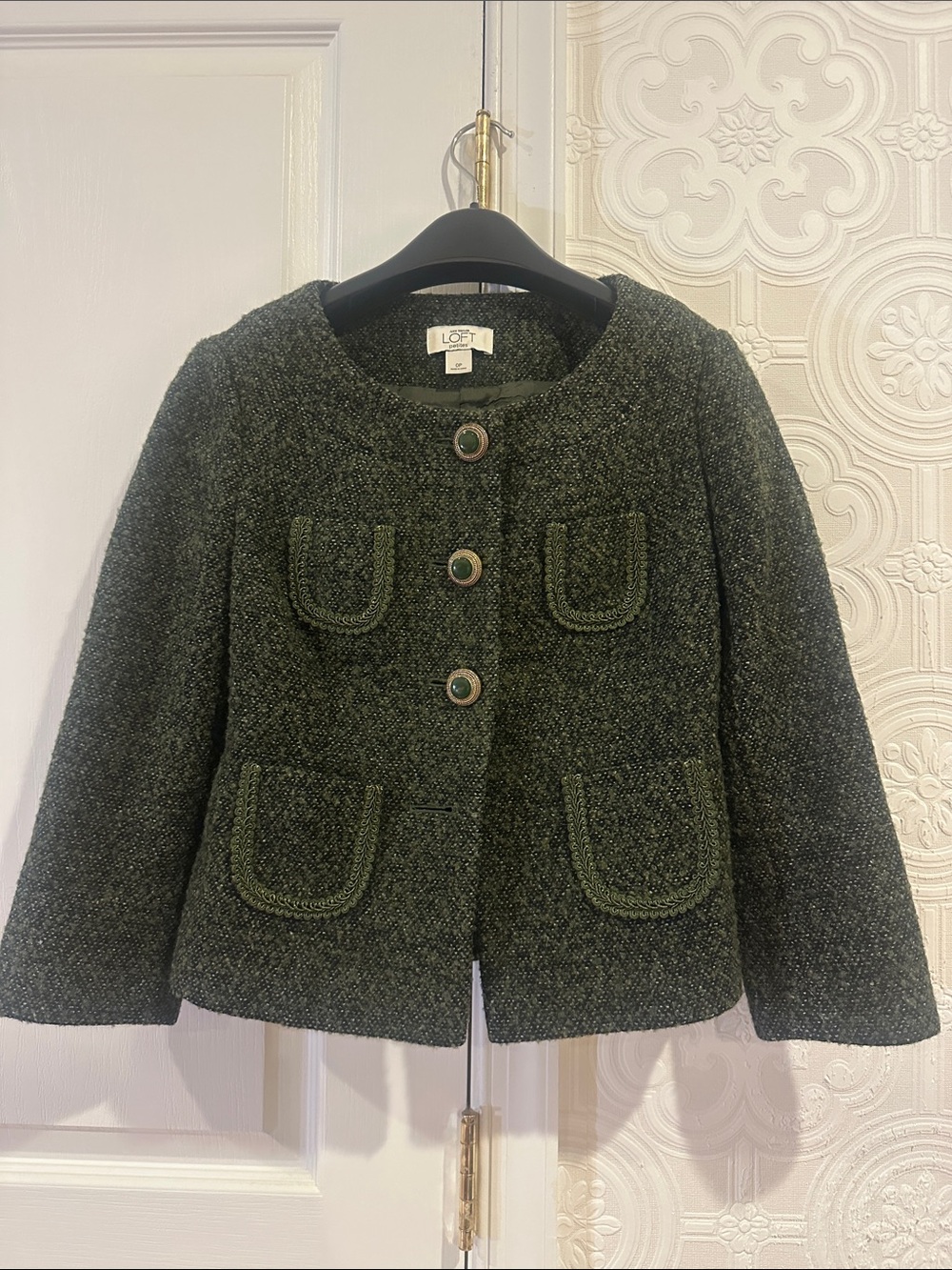 LOFT Green Tweed Button Front Jacket